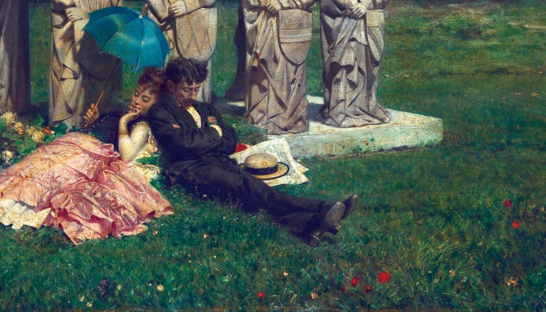 The painter placed a couple at leisure right beside death.