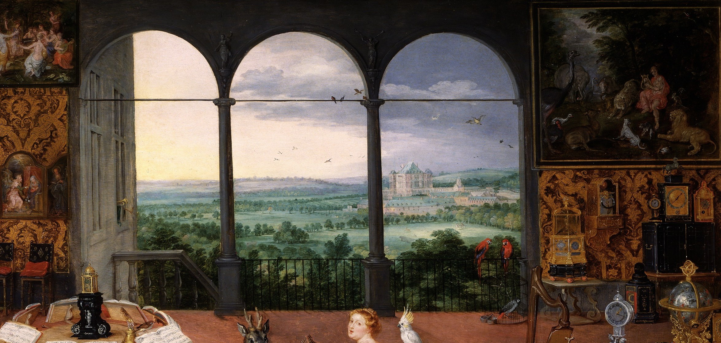 The classical arches function as both a stage proscenium and a status marker , Flemish allegory set in Italianate architecture signals humanist aspiration; the columns divide interior from infinite exterior