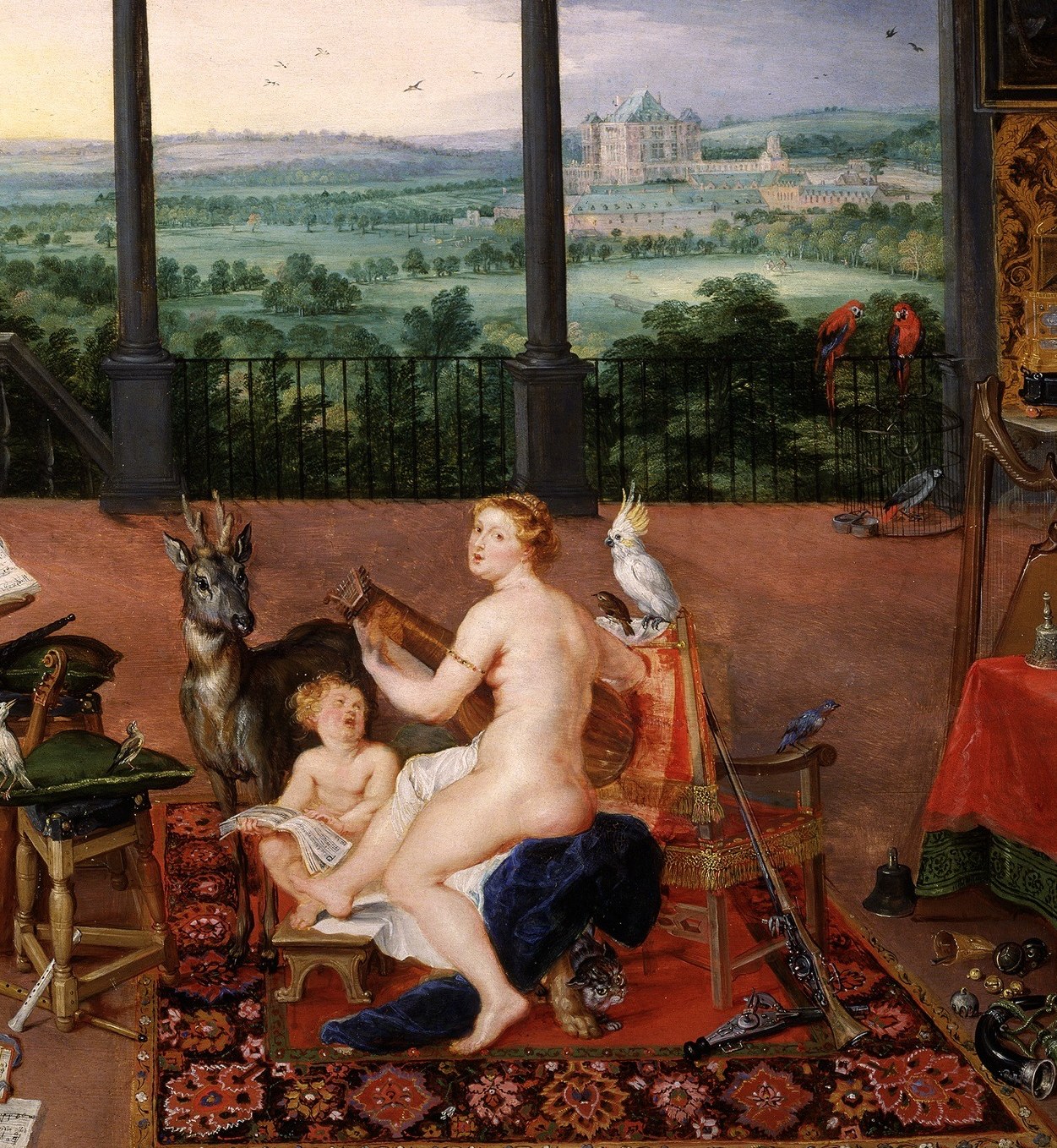 A woman plays a small harp. A child listens at her feet.