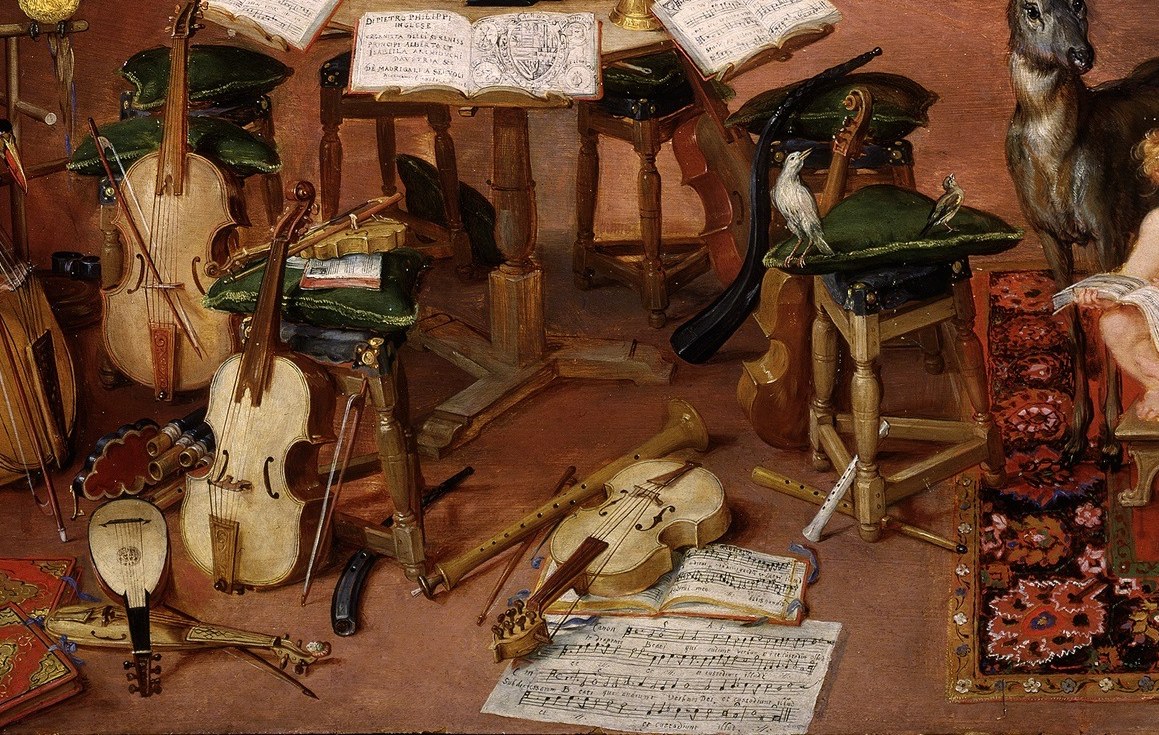 Instruments fill the room, a 17th-century catalogue of sound.