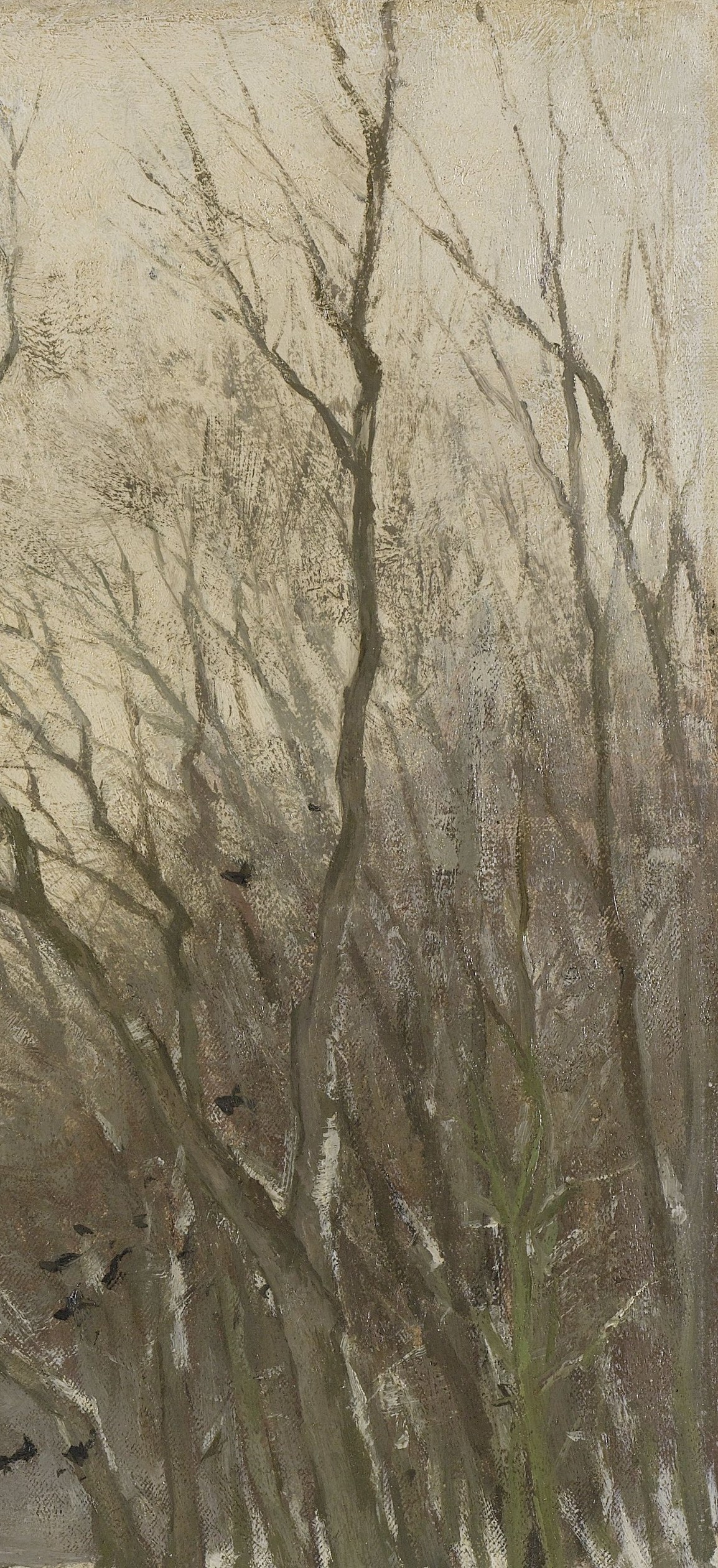 Counter-balances the central tree; the layering of grey trunks creates a screen-like depth that draws the eye into the wood.