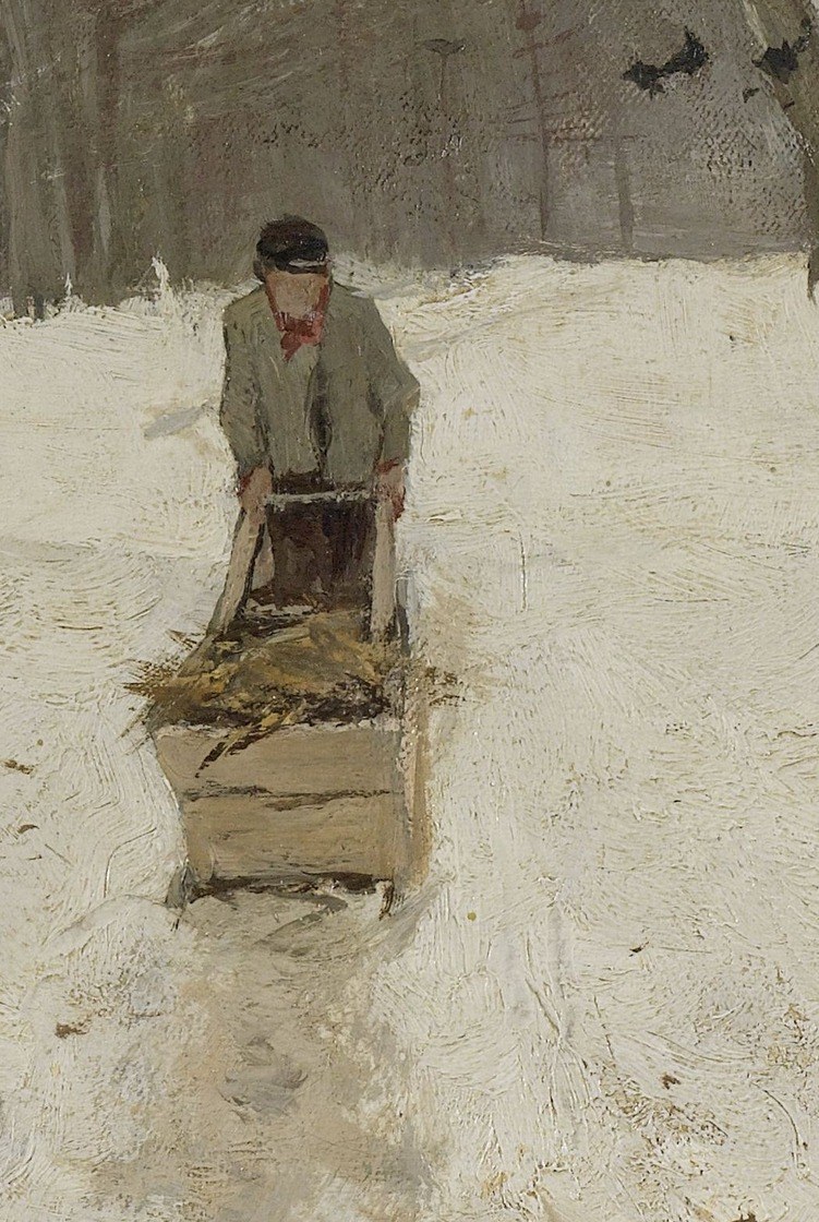 A single figure pulls a cart into the wood.
