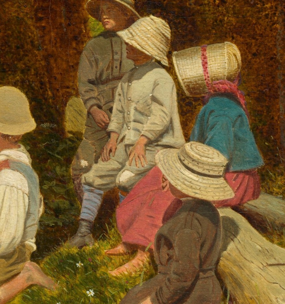 He performs for his friends, gathered on a log bench.
