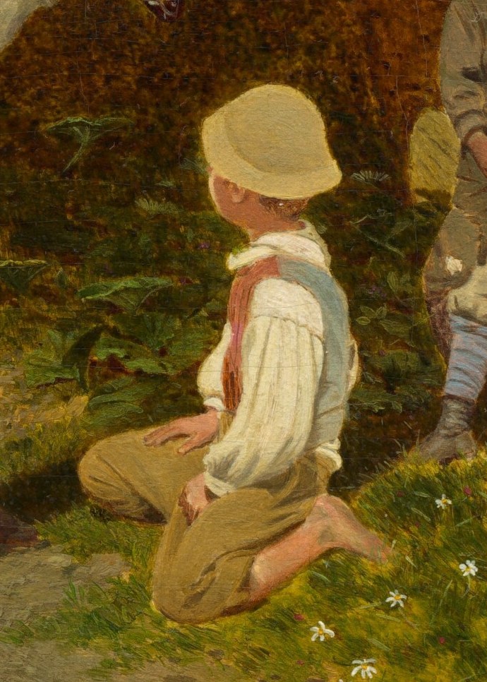 His position on the ground, looking up, emphasizes his role as an engaged audience member.