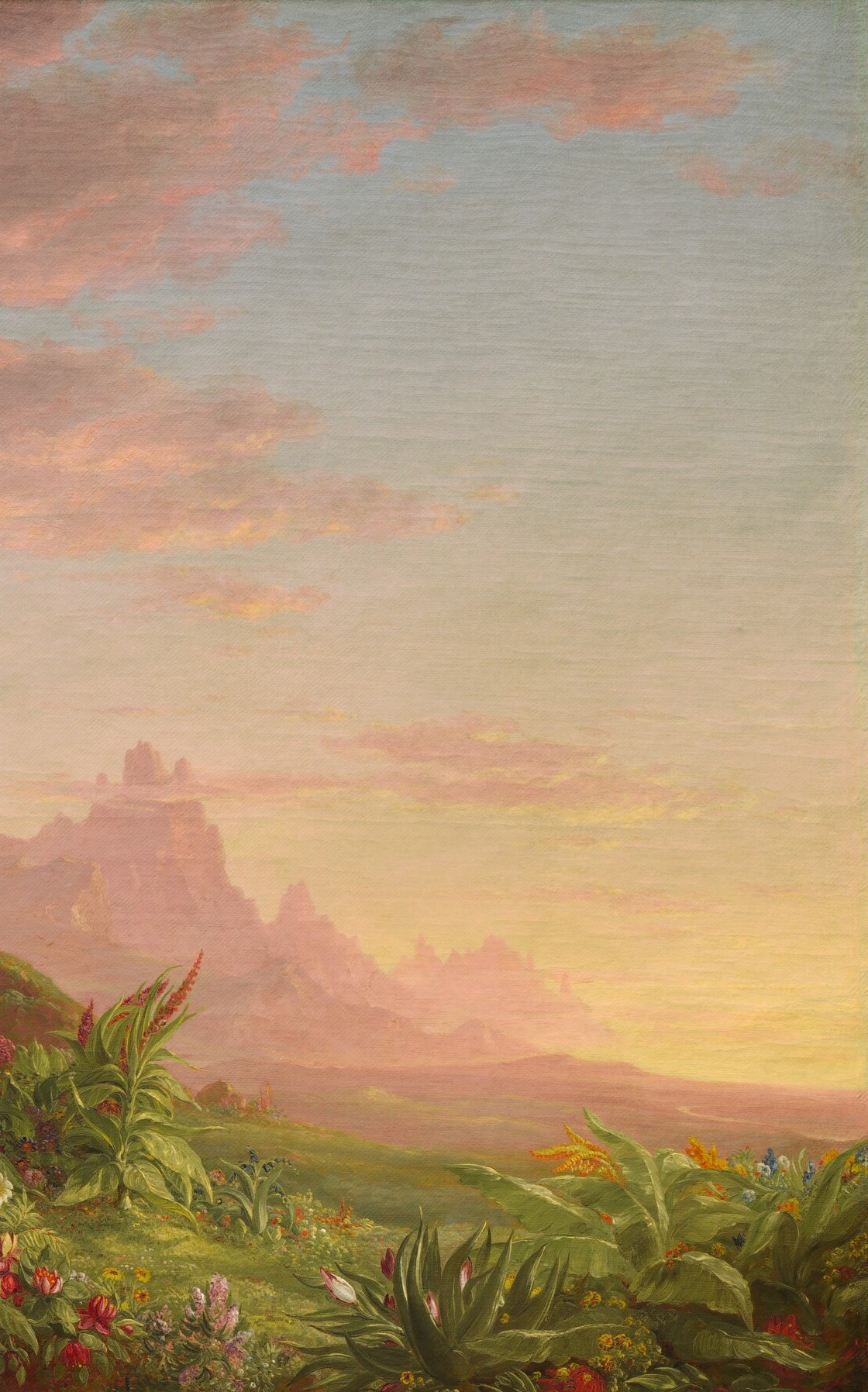 Hudson River School sublime , wild stone framing the journey on one side as the cave frames it on the other; nature as impartial, monumental witness