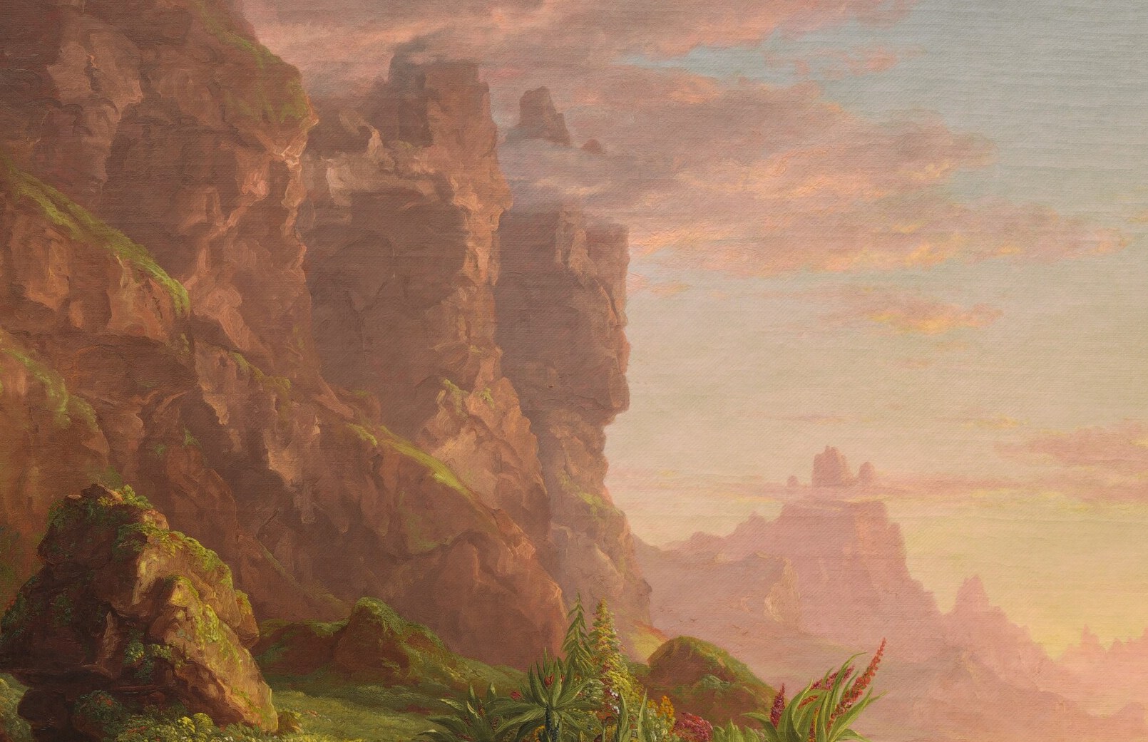 The promise of life ahead , Cole's Edenic American wilderness bathed in warm divine light; the entire composition is staged to funnel the eye here