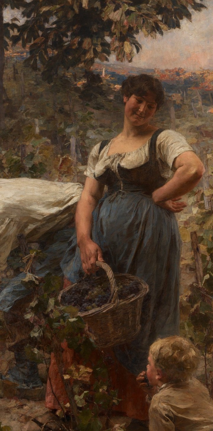 The compositional centerpiece; her pregnancy-hinted silhouette and full basket link fertility of body to fertility of harvest