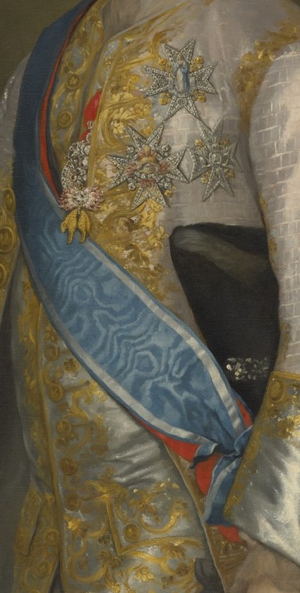 Its rich color and intricate pattern highlight the subject's status and the painting's opulence.