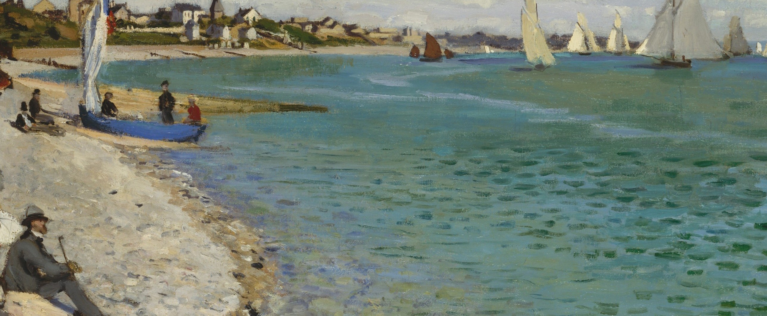 The water is broken into small directional strokes of green, blue, and white , one of the most technically revealing passages showing Monet's developing touch in 1867.