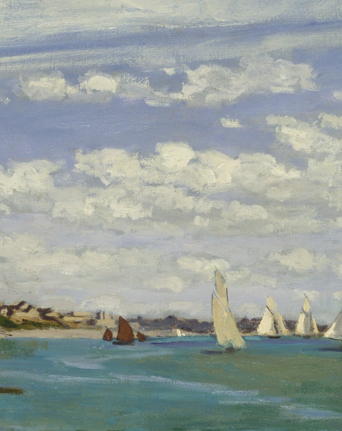 The visual apex of the regatta , luminous white sail catches the full sun and acts as a compositional spine dividing calm water from active sky.