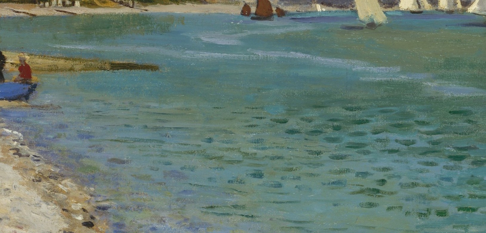 Monet breaks the water surface with unmixed white dabs , a virtuoso trick showing how sunlight shatters on chop, anticipating his later obsession with light on water.