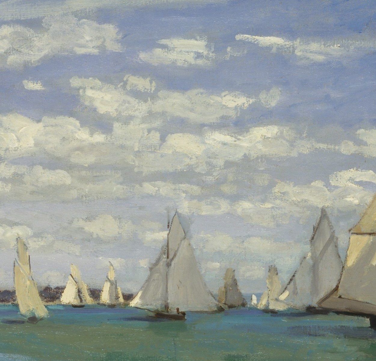 Monet dissolves individual rigging into flickering marks here , a demonstration of Impressionist shorthand for motion and distance across the water.