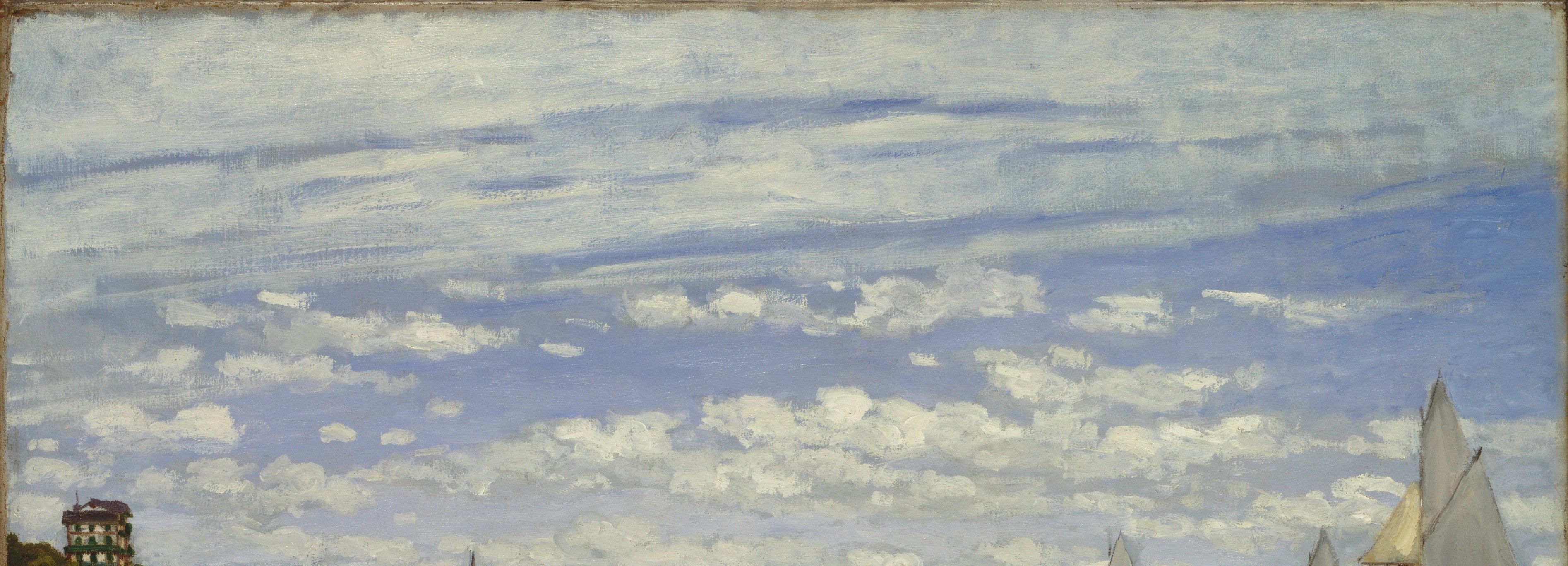 Monet lavishes detail on the cloud formations , layered whites and grays with blue gaps , almost rivaling the water for painterly ambition and likely painted wet-into-wet.