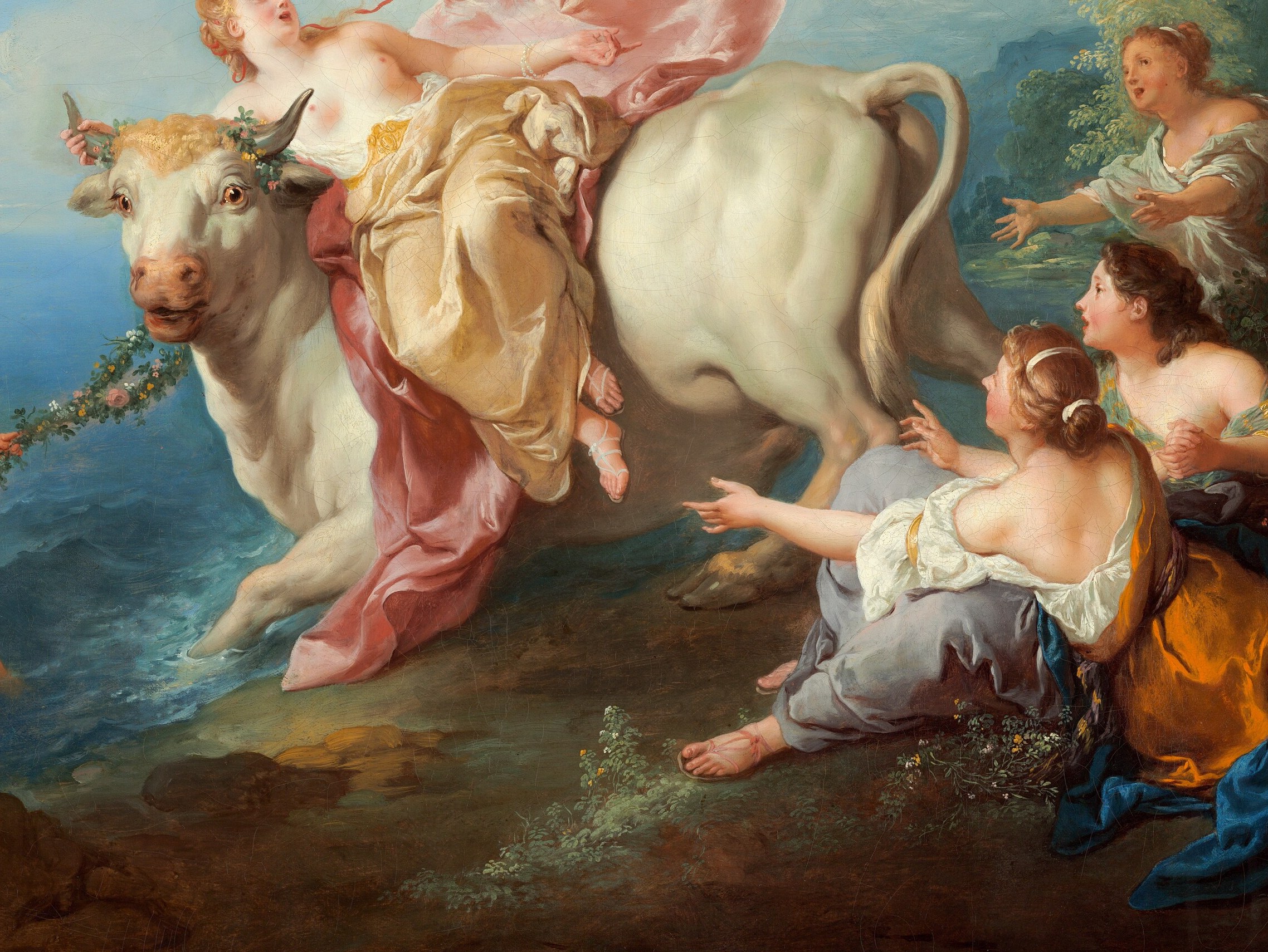 De Troy renders the animal with sculptural volume , the beauty of Zeus's disguise is visceral, explaining how Europa was deceived