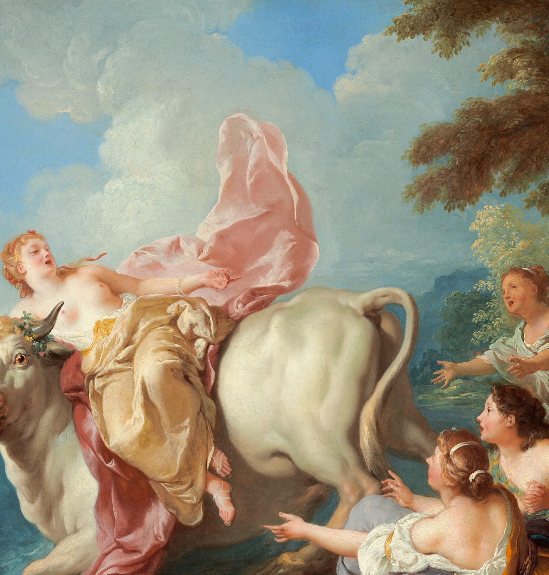 The young woman clings to the horns of a beautiful white bull.