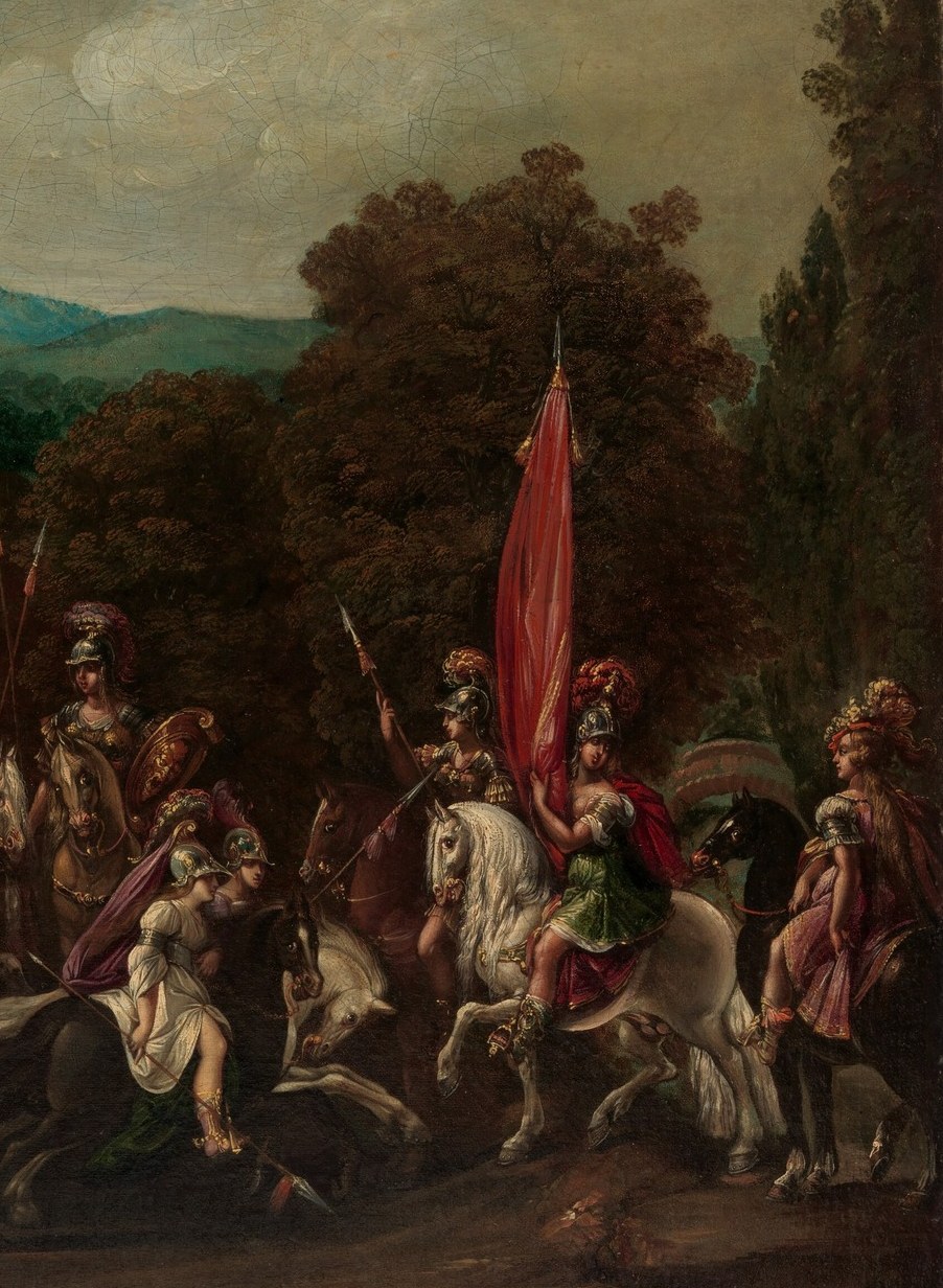 The mass of overlapping figures establishes an army rather than a pair of warriors; overlapping silhouettes convey depth, numbers, and collective resolve that contrasts with the singular commander.