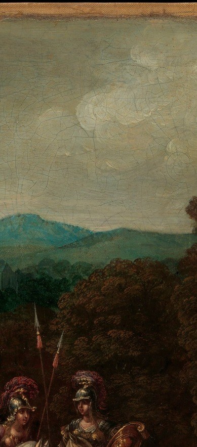 The most saturated color in the painting; the red flag slices vertically through the horizontal procession and signals organized martial identity, Amazon heraldry made visible.