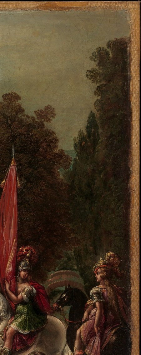 Classic Baroque repoussoir device: dark foliage pushes the eye inward and creates theatrical stage-like depth; compresses the army toward the viewer rather than letting it recede.