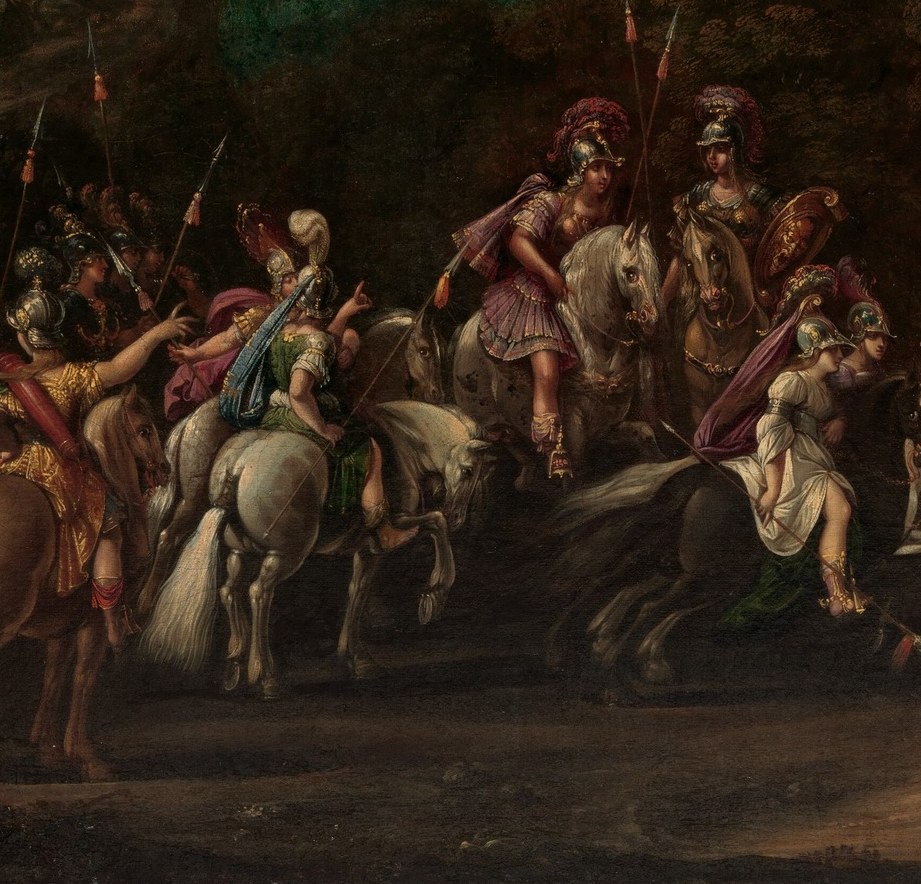 The white horse is a classical symbol of leadership and nobility; its brightness anchors the center and pulls the eye through the darker mass of the crowd, functioning as a compositional anchor.