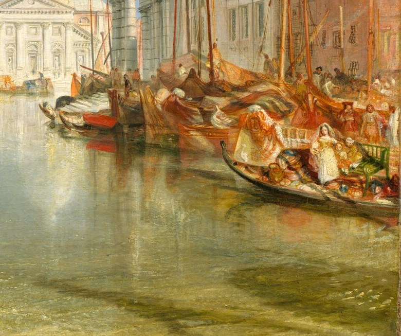 Clustered gondolas with figures aboard animate the near shore; their dark silhouettes serve as a repoussoir device to push the luminous distance further back.