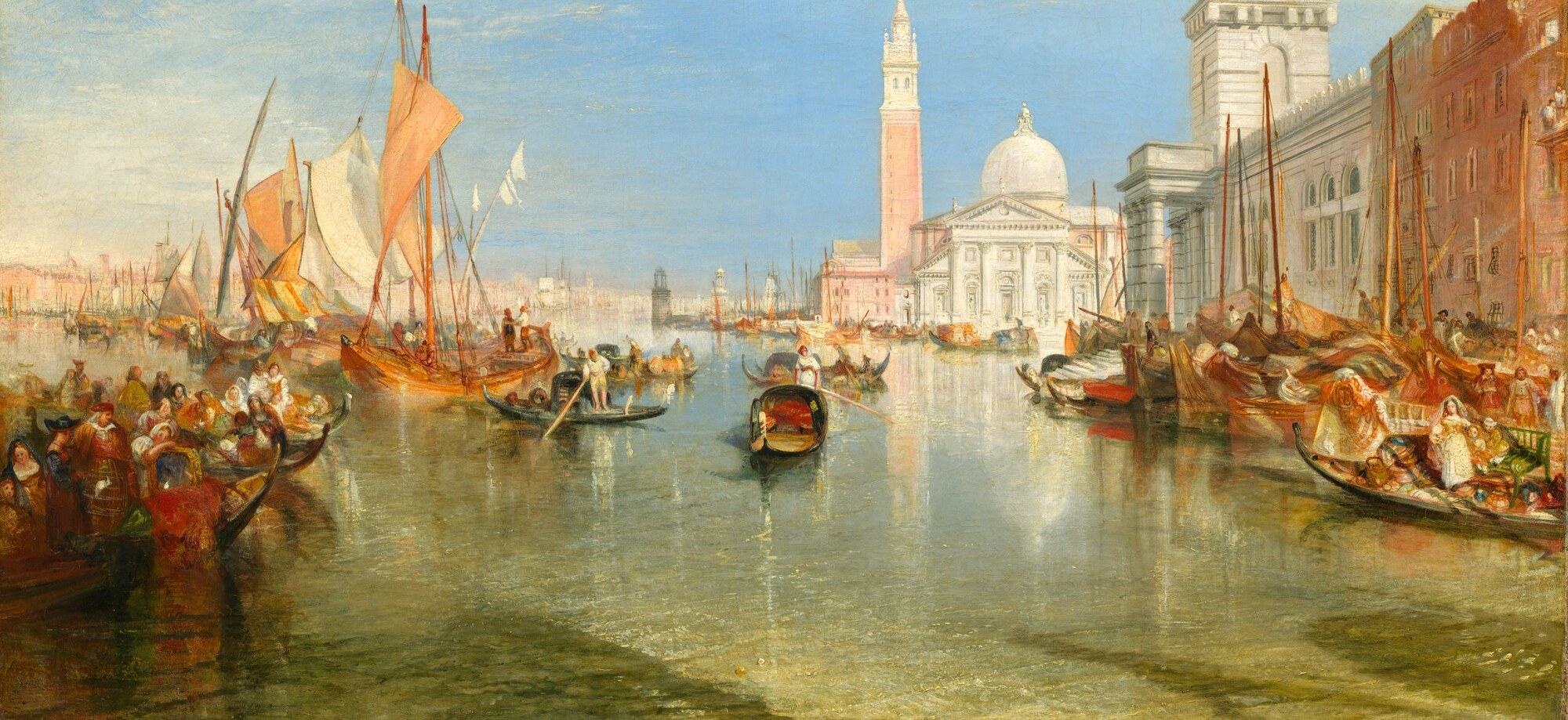 The entire lower half is liquid gold and silver, with boats casting broken reflections , demonstrating Turner's radical treatment of water as pure light rather than substance.