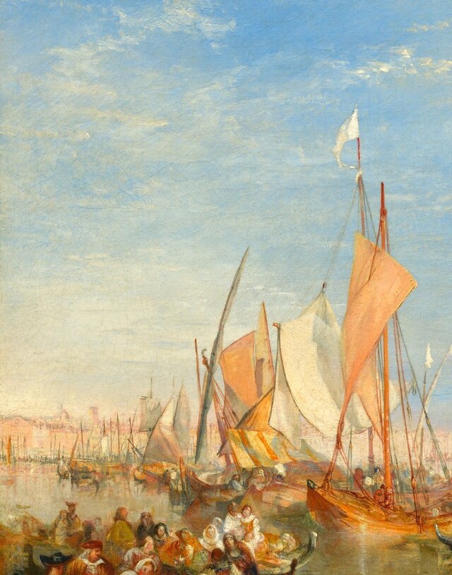 A tall-masted vessel with furled sails dominates the left , its bulk and verticality balance the church on the right, framing Venice between commerce and faith.