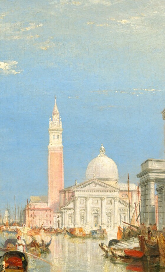 The white Palladian facade and tall campanile anchor the compositional center-right; Turner renders them as luminous solids dissolving into golden haze, the architectural precision fading into atmosphere.
