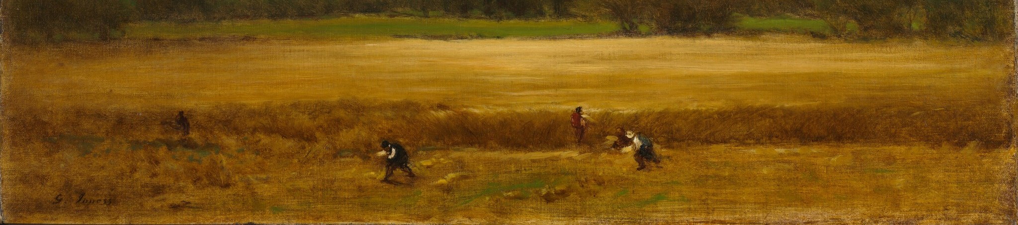 The vast expanse of golden wheat, rendered with Impressionistic brushstrokes, evokes warmth and the bounty of harvest.