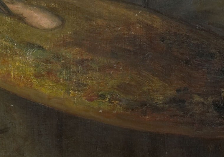 His palette is still wet with fresh paint.