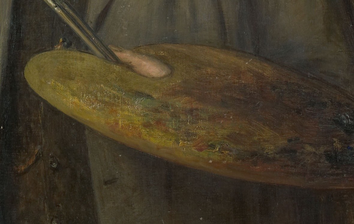 The palette, smeared with colors, is a direct symbol of his profession and artistic process.