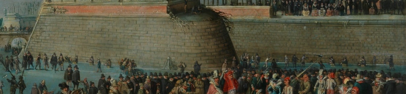 Provides a sense of place and scale, anchoring the lively scene within the city's defenses.