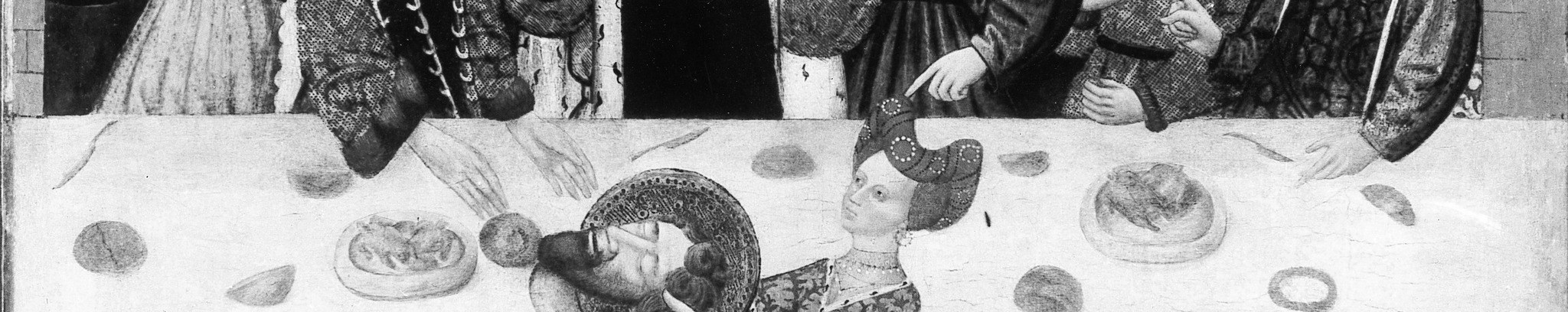 The white tablecloth acts as a visual horizon dividing the witness-crowd above from Salome's lone figure below , a compositional device separating complicity from action.