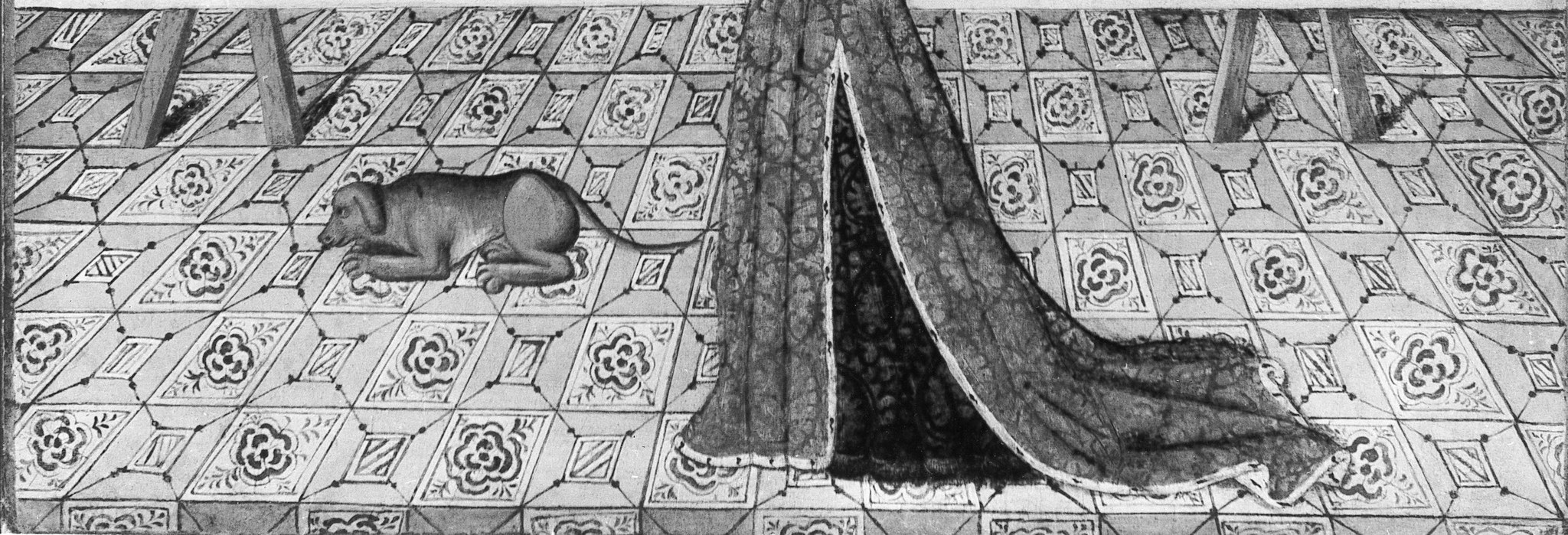 The interlocking tile pattern is a demonstration of perspective skill and meticulous craftsmanship; its decorative beauty underscores the Flemish delight in surface detail even in grave narrative scenes.