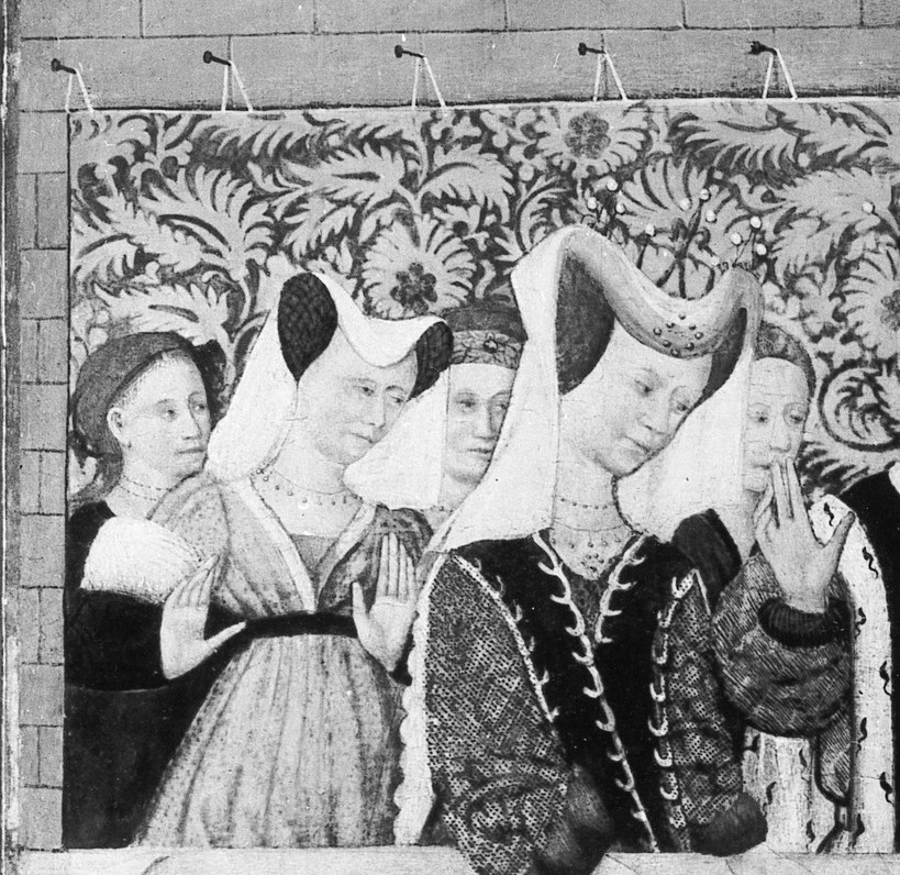 The elaborate late-Gothic butterfly or horned headdresses are precise fashion markers dating the commission; their composed faces contrast with the horror of the event, suggesting courtly complicity.
