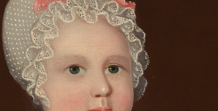 Phillips's signature slightly enlarged, nearly symmetrical eyes give the child an icon-like authority , a stylistic fingerprint that collapses the distance between sitter and viewer across two centuries.