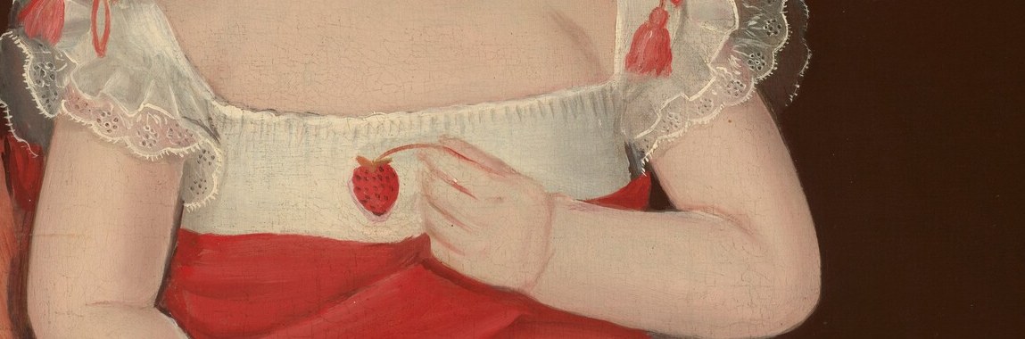 The composition's single hot accent: one horizontal band of saturated red that organizes the entire picture plane and echoes the strawberries, making colour do symbolic duty.