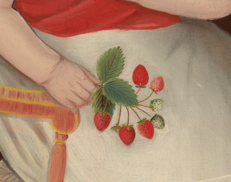 The painting's namesake objects and symbolic core: in portrait tradition strawberries signify summer, transience, and the sweetness of childhood , pleasures as brief as the fruit's own season.