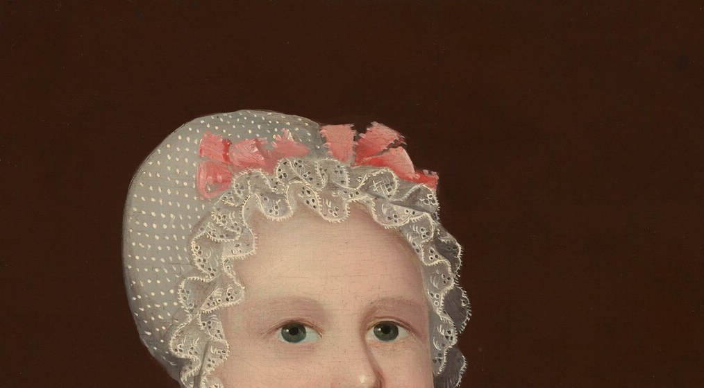 Elaborately trimmed cap signals the family's middling prosperity; the formality of dressing a toddler this way documents 1830s American childhood customs and the parents' social aspirations.
