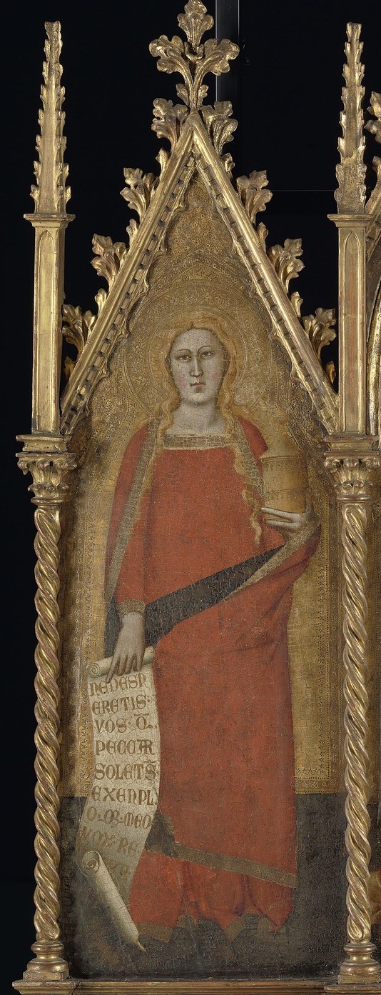 Her rich robes and frontal stance mark her as a principal intercessor; her identity as the penitent who anointed Christ gives her a unique emotional register among saints.
