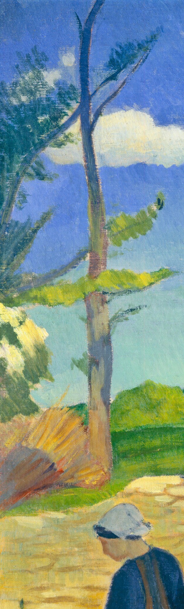The vertical trees frame the composition and push the eye inward; their pale silvery bark contrasts the warm yellow wall