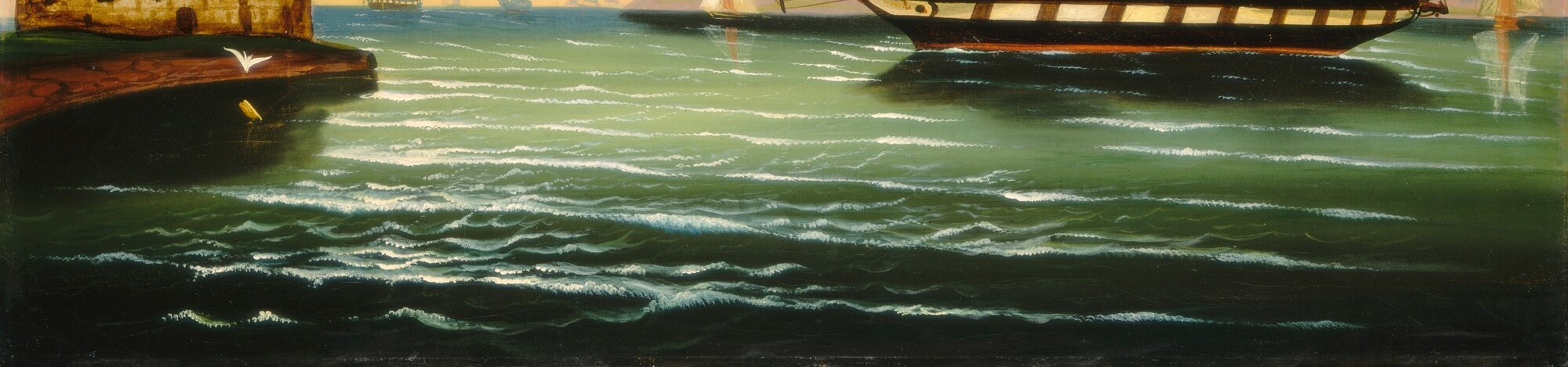 Each wave is a schematic rounded ridge , a folk-art convention rather than observed motion, giving the water an almost decorative quality that reveals Chambers's artistic lineage in popular print culture.
