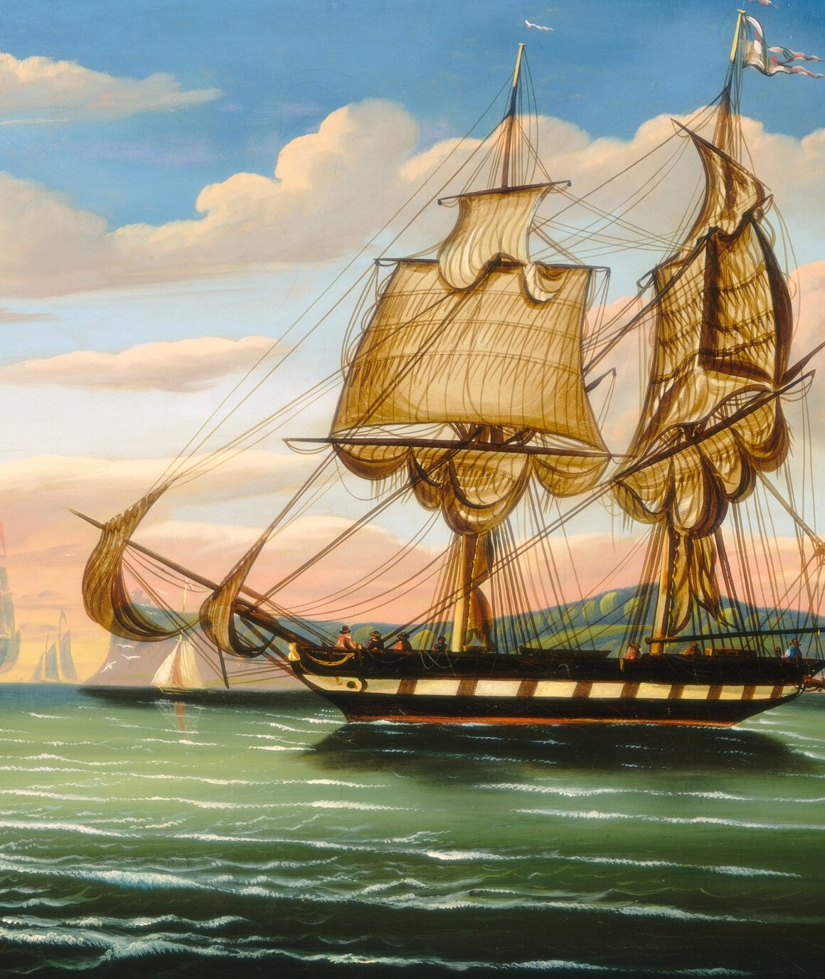 The compositional anchor; the sheer scale and meticulous rigging reveal this is a naval vessel, not a merchant ship , likely an American warship asserting presence in the home harbor.