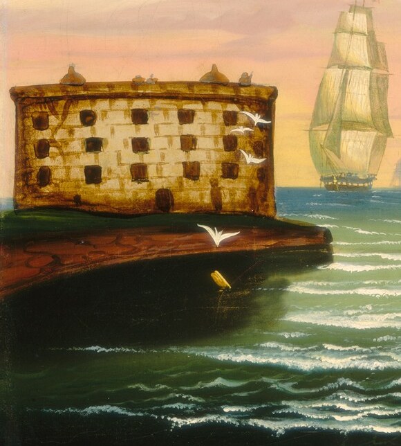 The undeveloped, verdant shore contrasts sharply with what that coastline became; this margin detail is a quiet document of New York's pre-industrial waterfront.