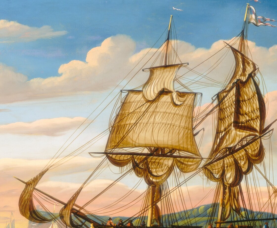 Chambers renders the rigging with folk-art precision , every line is clean and schematic rather than naturalistic, exposing his self-taught approach and making the ship look like a ship-in-a-bottle diagram.
