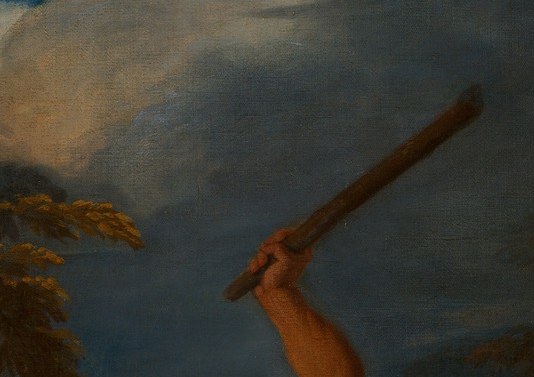Cain, rejected by God, prepares to strike his brother.