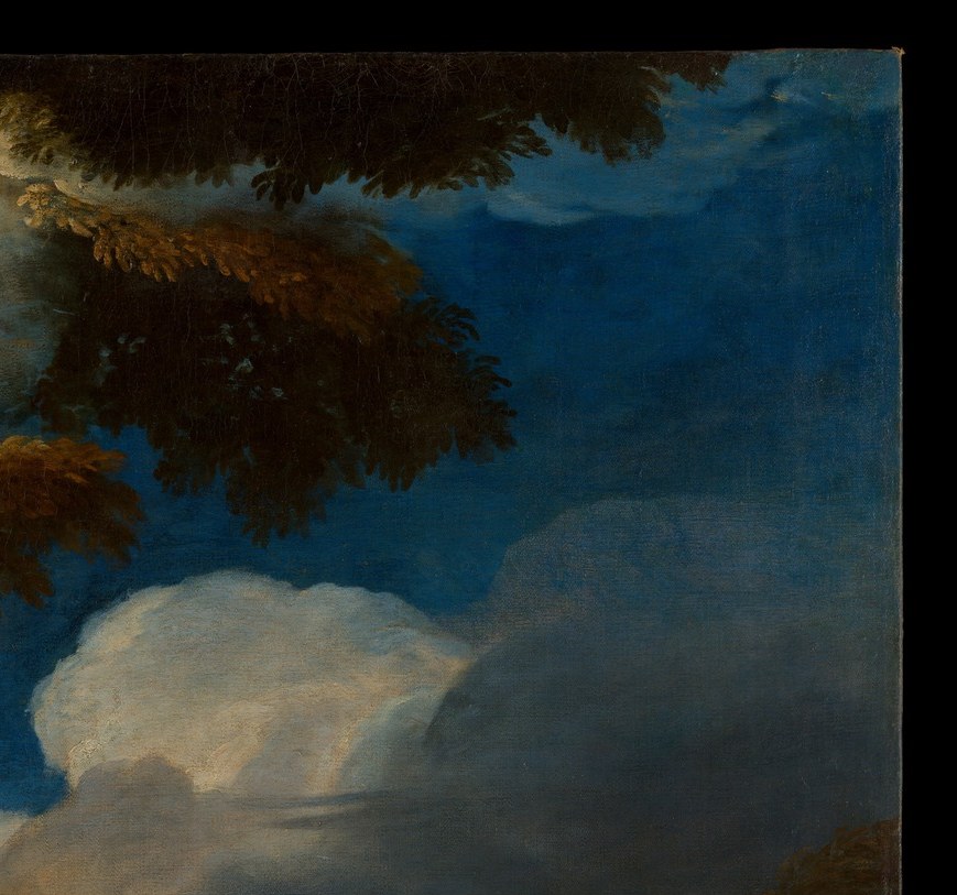 The turbulent sky mirrors the scene's emotional turmoil.