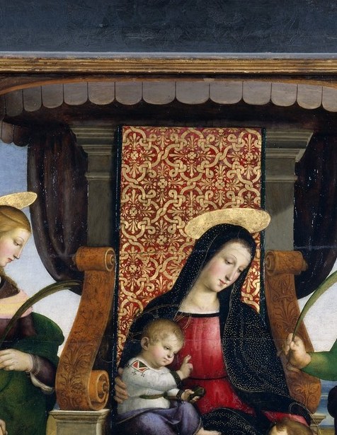 The rounded, naturalistic infant , possibly gesturing toward the Baptist below , anchors the altarpiece's typological narrative linking Incarnation to Passion.