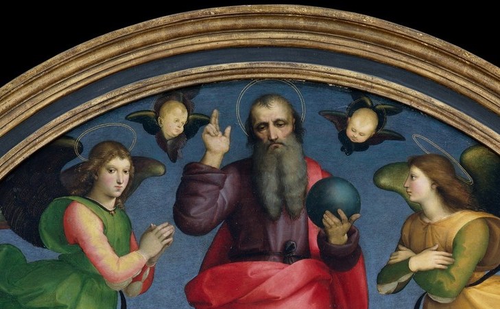 The celestial apex of the three-tiered sacred hierarchy: God above the arch, Madonna in the nave, worshipper on the floor , the altarpiece as cosmic diagram.
