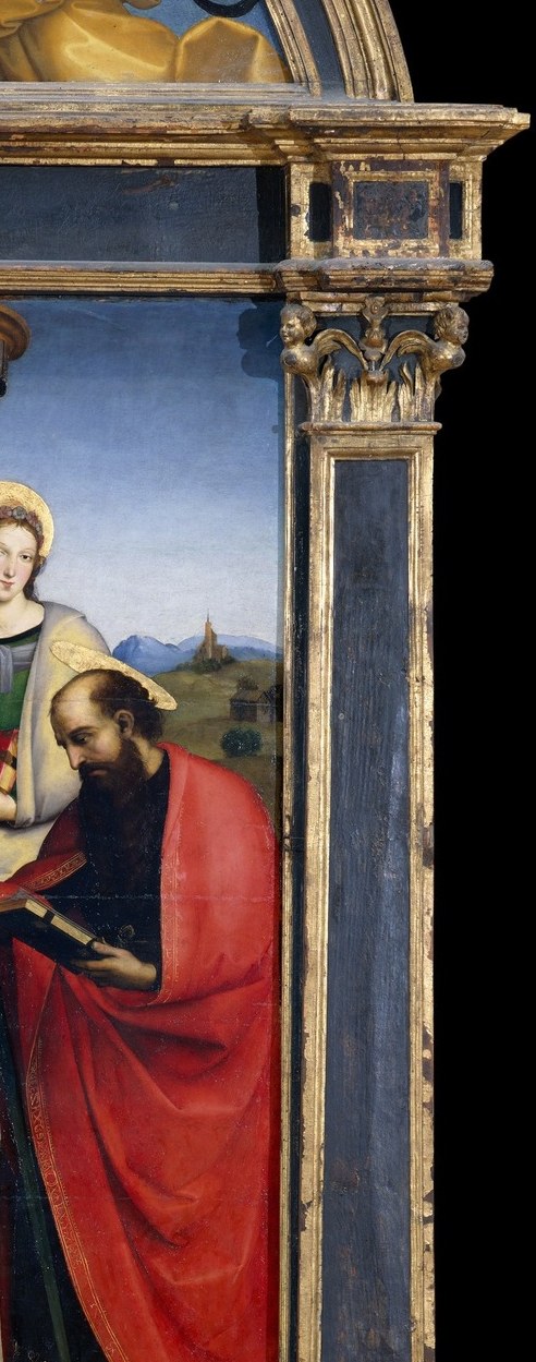 Paul's sword and his characteristically dark, intense features create a dramatic visual counterweight to Peter's aged softness across the composition.