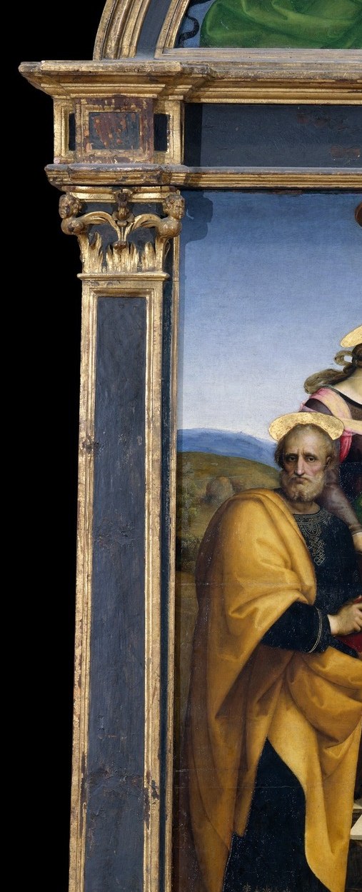 Peter's physicality , heavy robes, weathered face, commanding bulk , grounds the celestial gathering in apostolic earthiness.